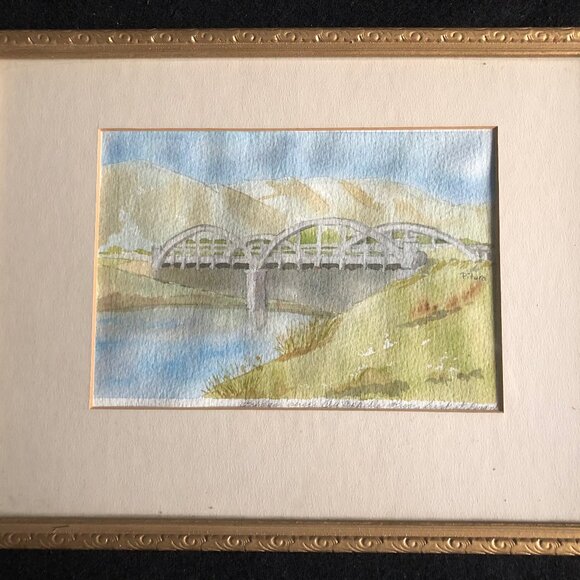 Water color painting on paper wall decor 12.5" x 9.5" frame bridge river signed - Picture 1 of 8
